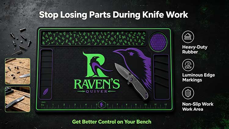 Heavy-duty luminous knife bench mat with ruler edge and non-slip surface for EDC maintenance.