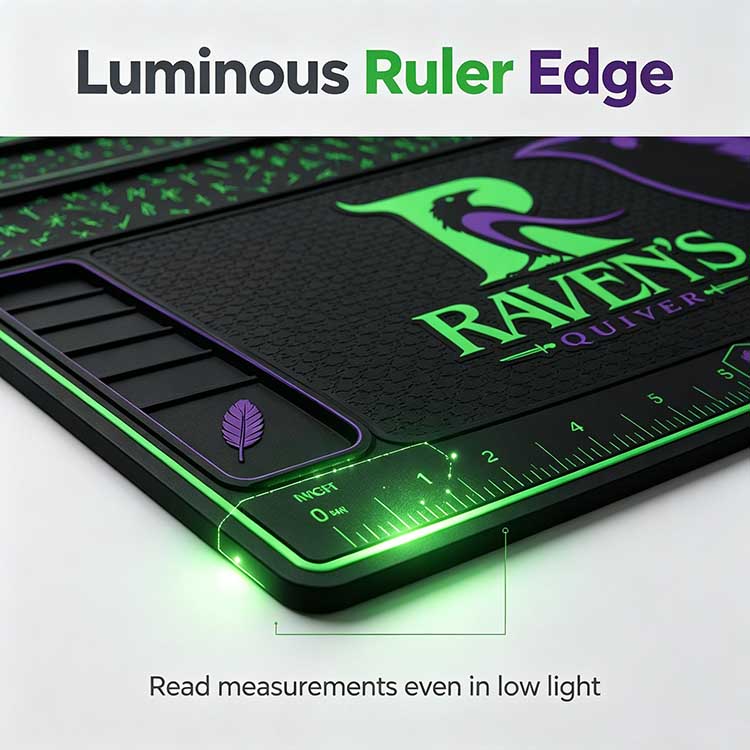 Luminous ruler edge on rubber knife bench mat for precise measurements in low light.