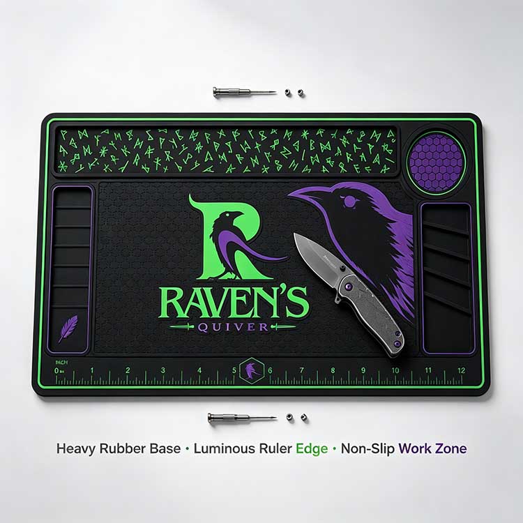 Glow-in-the-dark rune markings on rubber knife bench mat for low-light work.