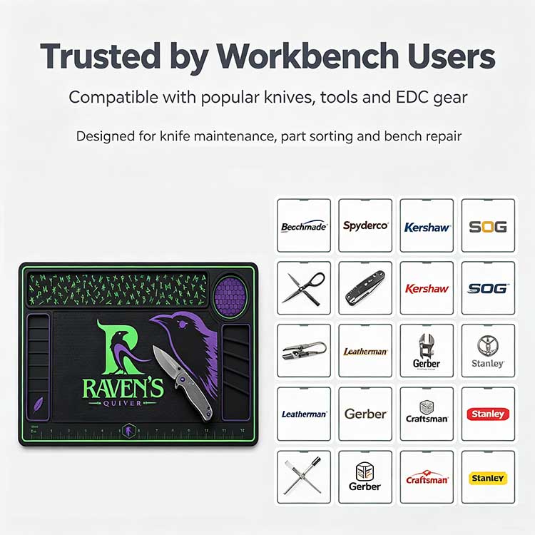 Knife bench mat trusted by Benchmade Spyderco and Kershaw knife users.