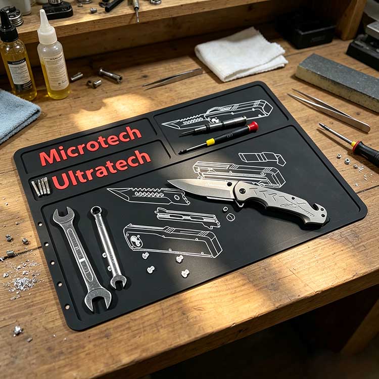 Durable silicone knife cleaning mat in a real wooden workshop with oil and tools.