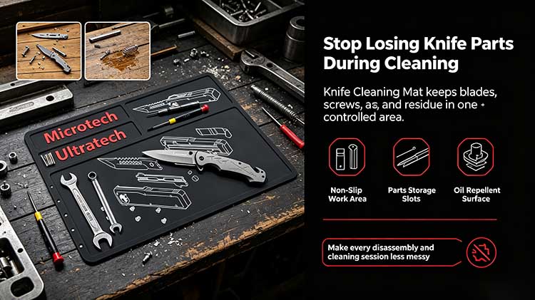 Non-slip knife cleaning mat for EDC maintenance with parts storage slots.