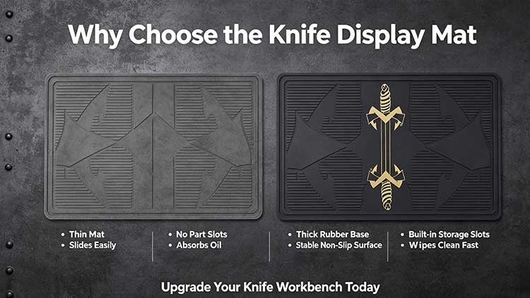 Comparison of standard work pad versus premium knife display mat with gold motif.