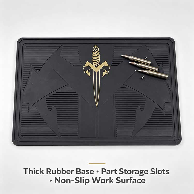 Gallery grade rubber knife display mat with gold sword motif for custom knives.