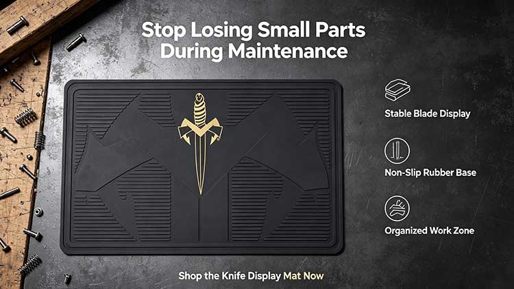 Premium rubber knife display mat with gold sword motif for EDC knife showcasing and maintenance.