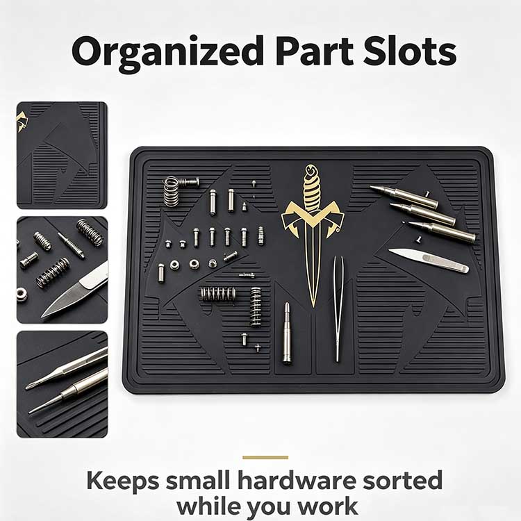Integrated storage slots on knife display mat for organizing screws and springs.