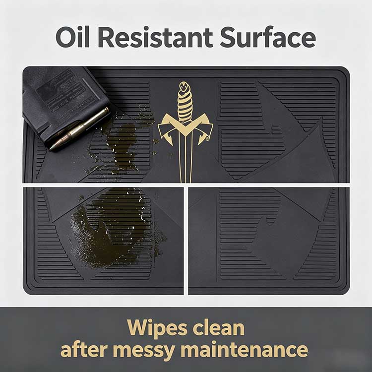 Oil and dust resistant rubber knife display mat for maintaining a clean showcase.