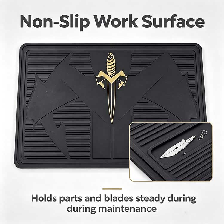 Non-slip rubber base for knife display mat keeping blades securely in place.