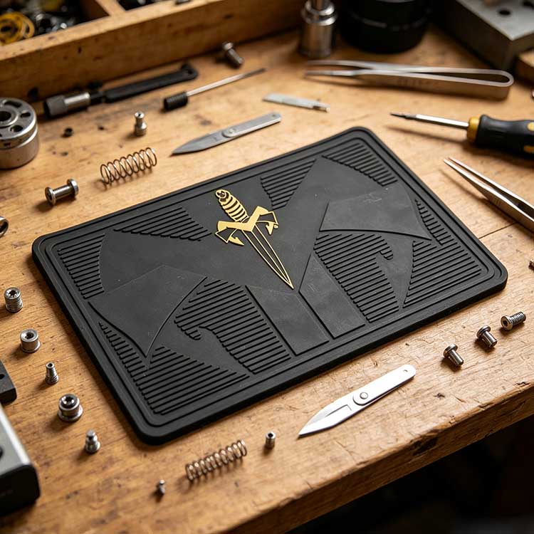 Premium rubber knife display mat with gold sword motif on a wooden workshop bench for EDC tuning.