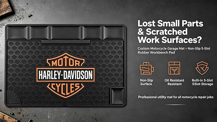Heavy-duty 5-slot motorcycle garage mat preventing tools from sliding during repairs.