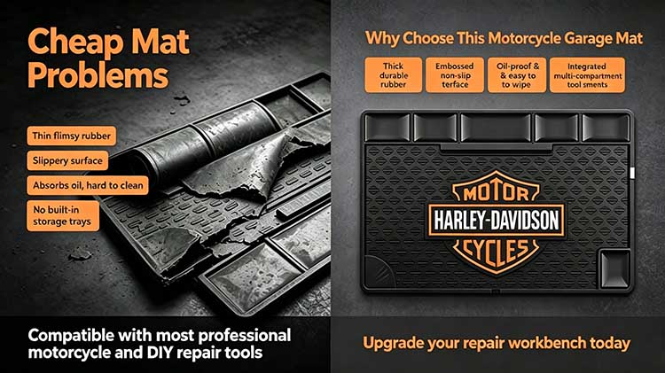 Comparison of heavy-duty motorcycle garage mat versus cheap flimsy pads.