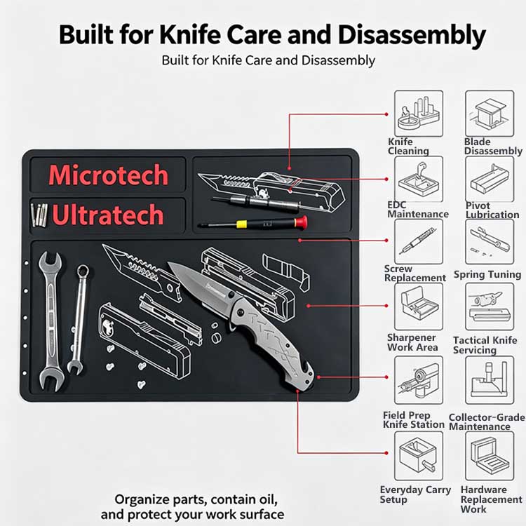 Versatile knife cleaning mat for EDC enthusiasts repair shops and custom makers.