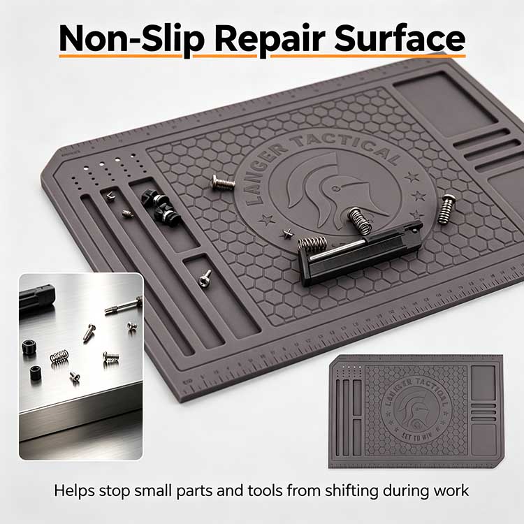 Silicone repair mat with molded sorting compartments for tactical firearm pins and springs.