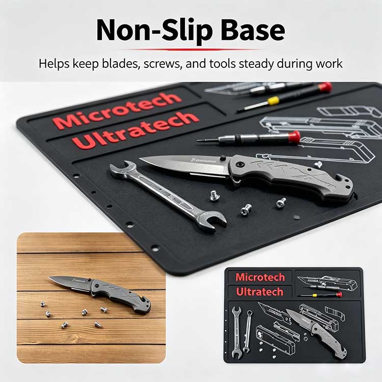 Non-slip knife cleaning mat with tactile surface for holding screws and blades.
