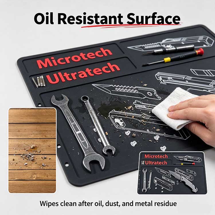 Oil resistant knife cleaning mat preventing lubricant absorption on workbench.