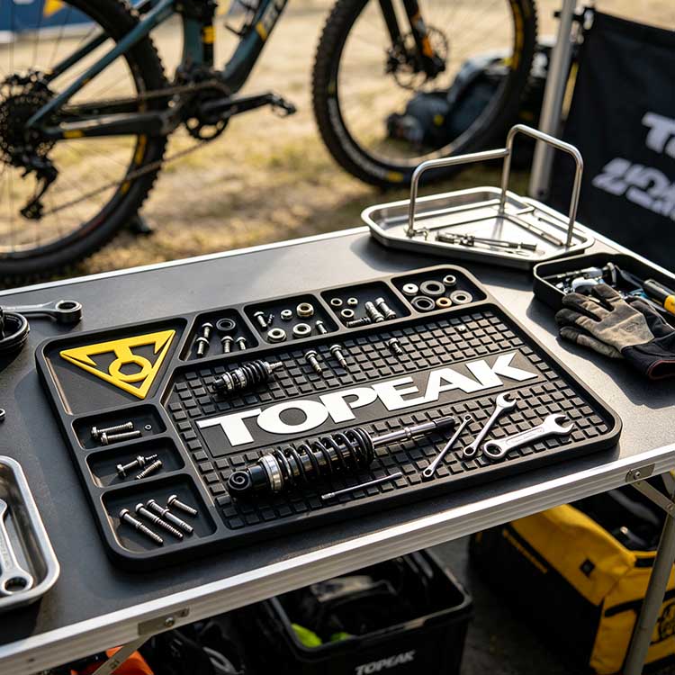 Bike workbench rubber mat used in MTB race pits for holding suspension tools & repair parts on a foldable table