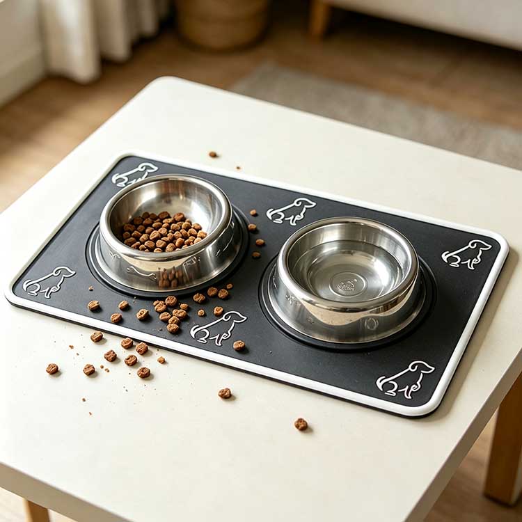 Silicone pet feeding mat containing spilled dog kibble and water bowls on a wooden table.