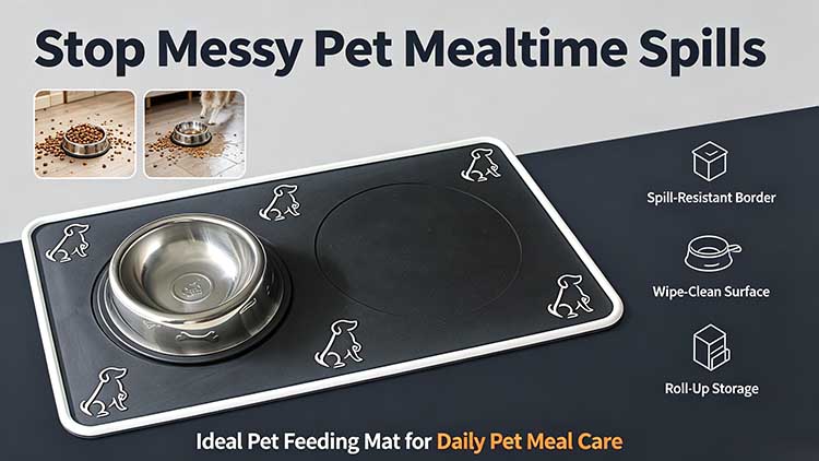 Non-slip silicone pet feeding mat with dual bowl recesses and raised spill-proof edge