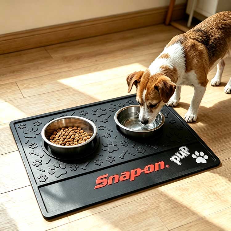 Large pet food tray providing space for multiple bowls.