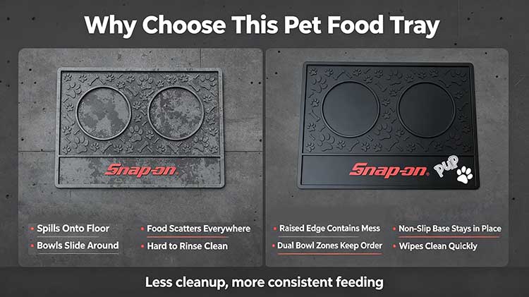 Comparison of thin fabric pad versus heavy-duty pet food tray.
