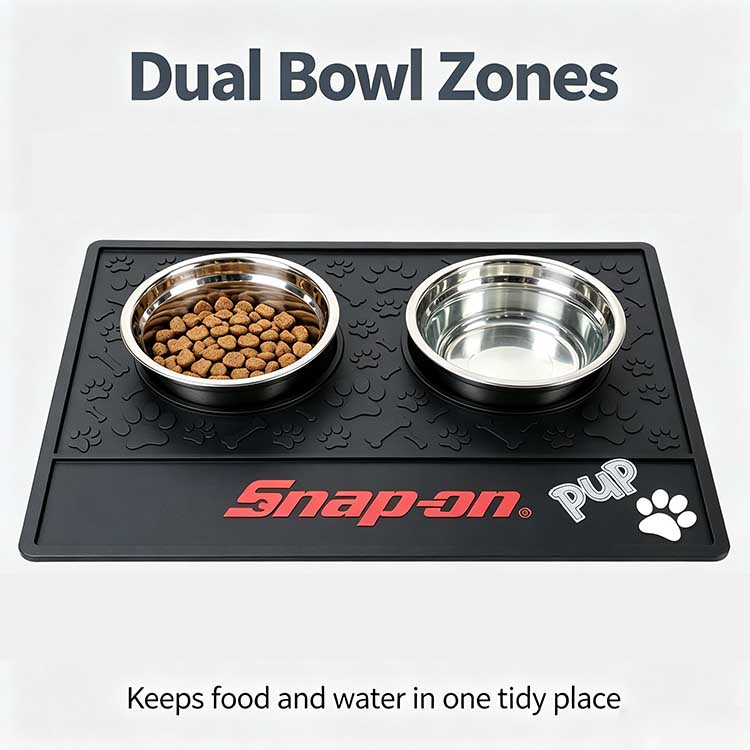 Pet food tray with dual bowl zones keeping bowls stable.