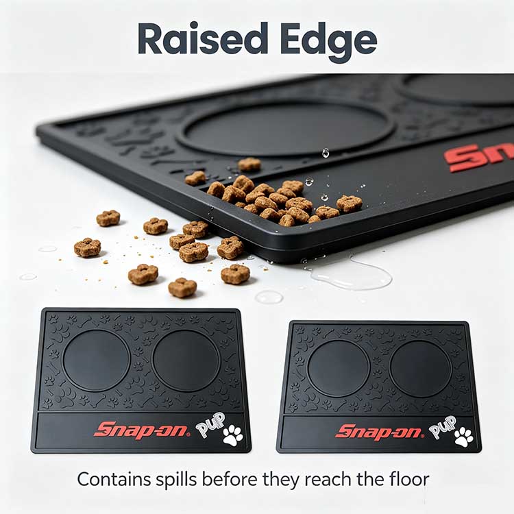 Pet food tray with raised edge containing spills and food.