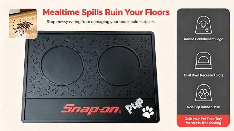 Pet food tray with raised edge and dual bowl zones preventing mess on floors.
