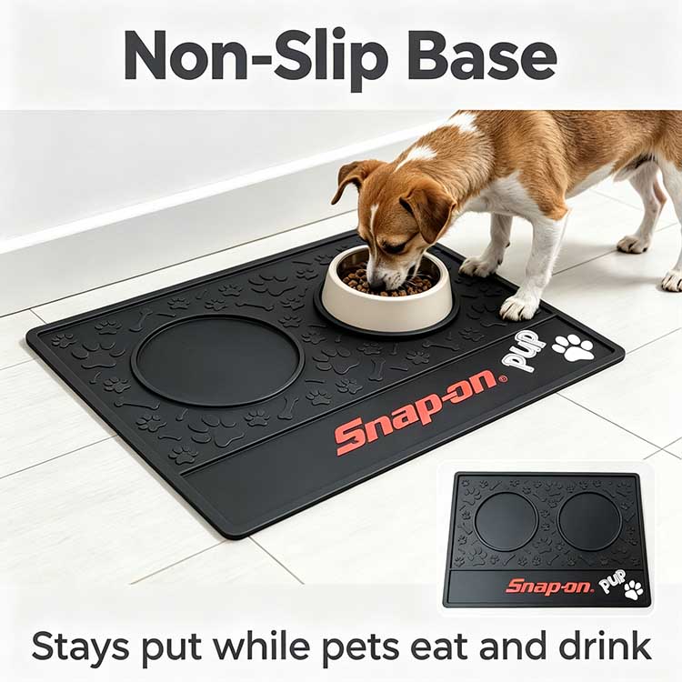 Waterproof rubber pet food tray protecting floors.
