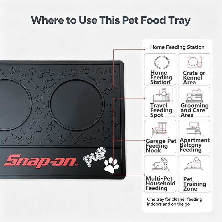 Multi-scenario pet food tray for home feeding and grooming.