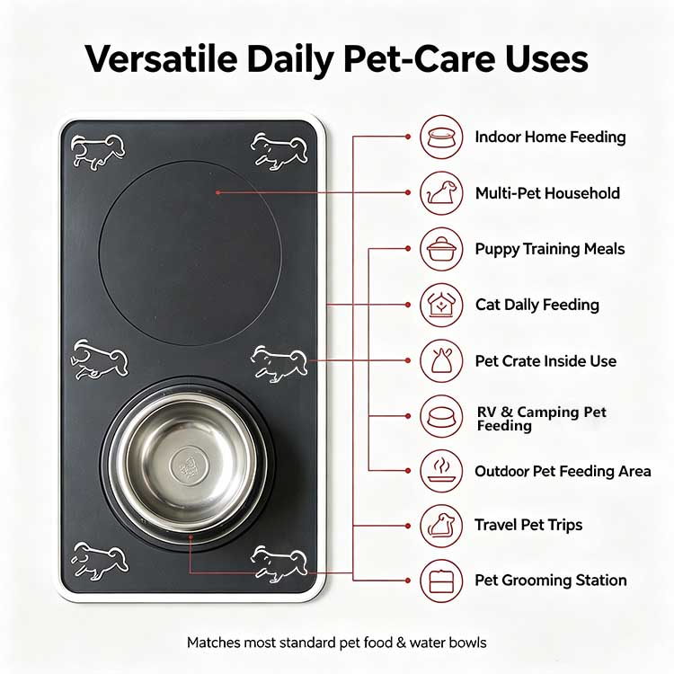 Versatile pet feeding mat for indoor feeding, multi-pet households, and travel trips.