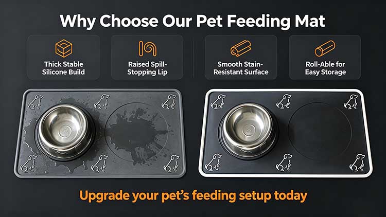 Comparison of heavy-duty pet feeding mat versus cheap thin feeding mats.