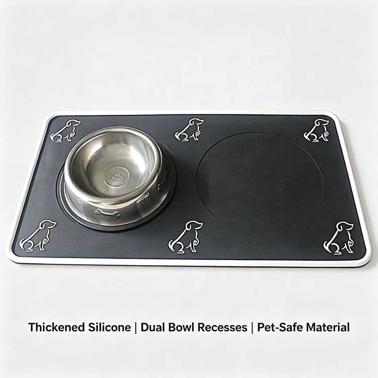 Pet feeding mat with dual bowl recesses holding stainless steel and white pet bowls.
