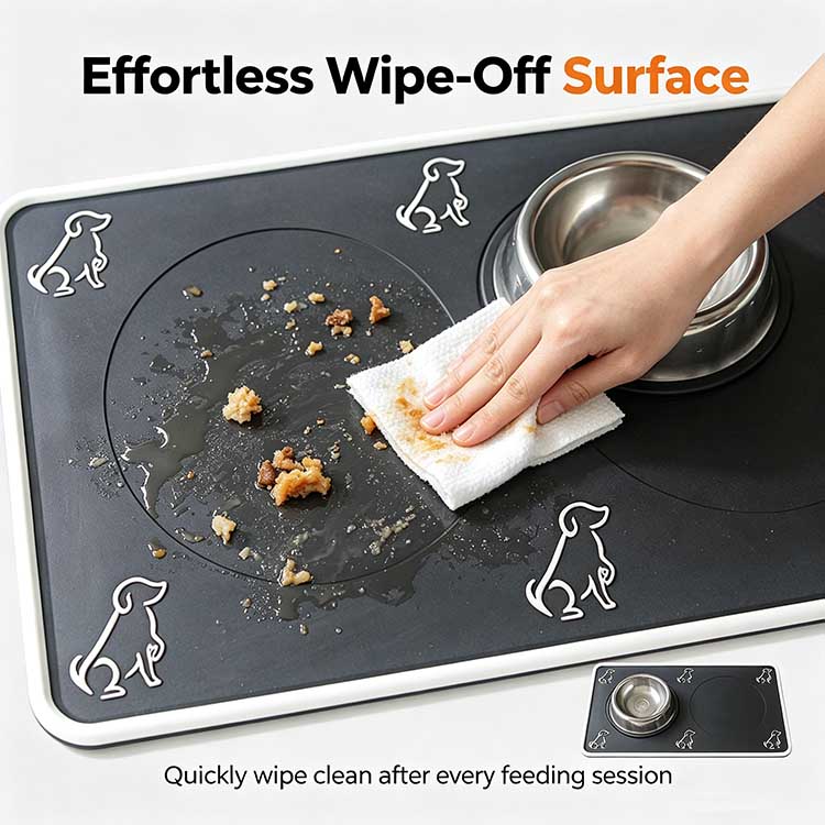 Non-stick silicone pet feeding mat being easily wiped clean after a meal.