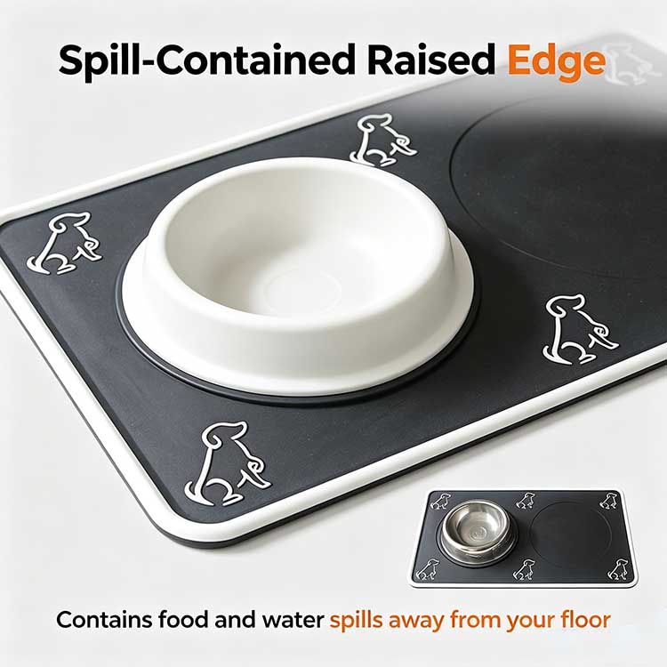 Raised spill-proof edge on a silicone pet feeding mat trapping water and kibble.