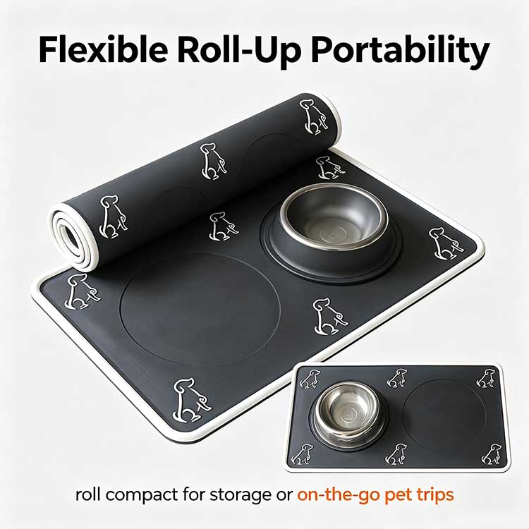 Flexible roll-up silicone pet feeding mat for portable travel storage.
