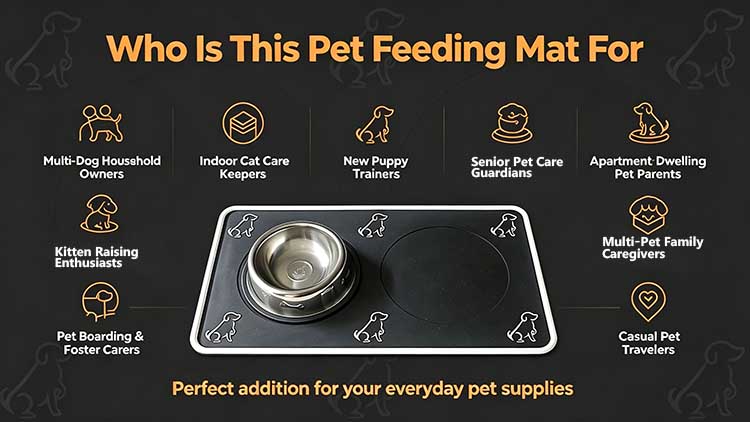 Pet feeding mat for multi-dog owners, cat keepers, puppy trainers, and travelers.