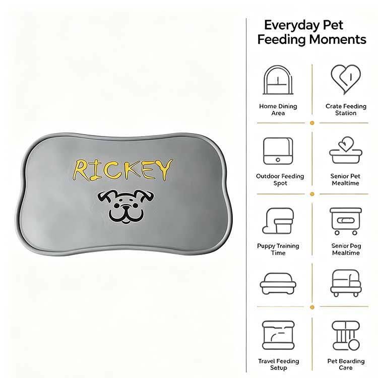 Versatile custom pet placemat for home dining, crate stations, and travel feeding.