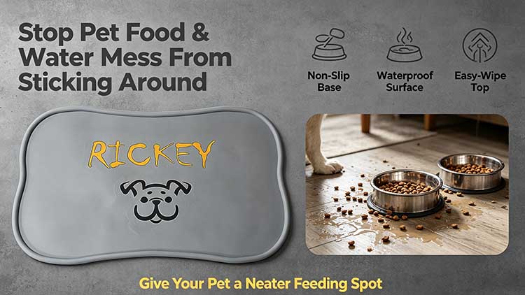 Grey silicone pet placemat with custom name printing and non-slip base.