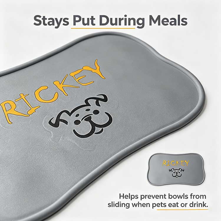 Non-slip silicone pet placemat base preventing sliding during meals.