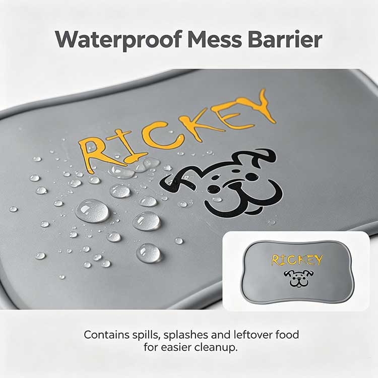 Raised waterproof edge on a silicone pet placemat trapping water and food.