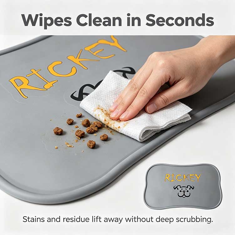 Wipe-clean silicone pet placemat surface easily removing food stains