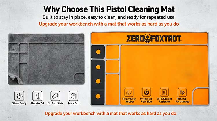 Comparison of thin foam pad versus heavy-duty orange pistol cleaning mat.