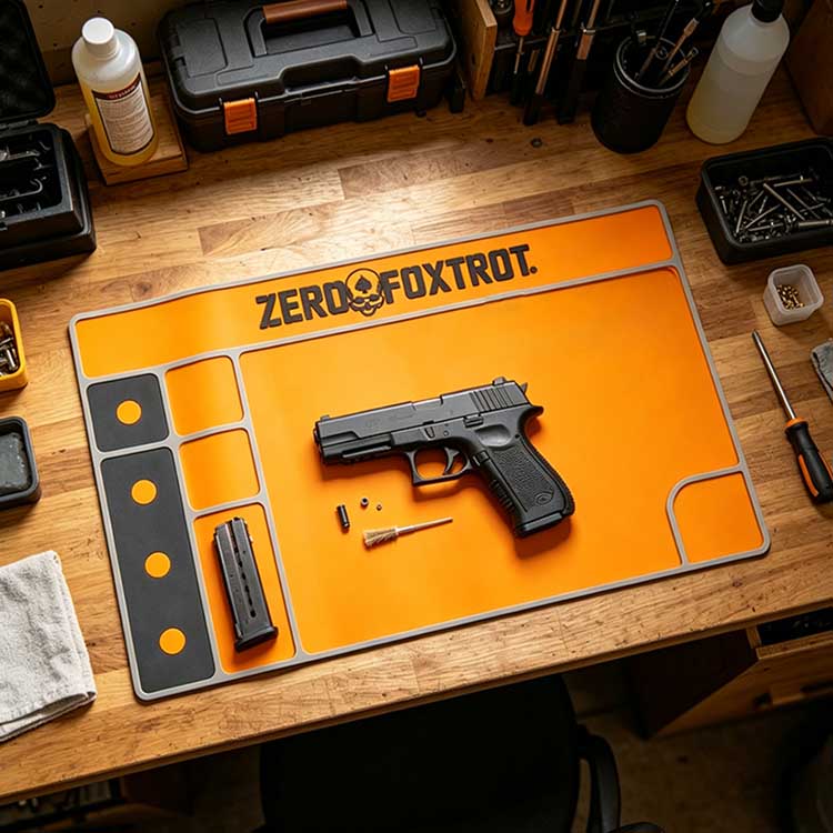 Heavy-duty rubber pistol cleaning mat for long-term use.