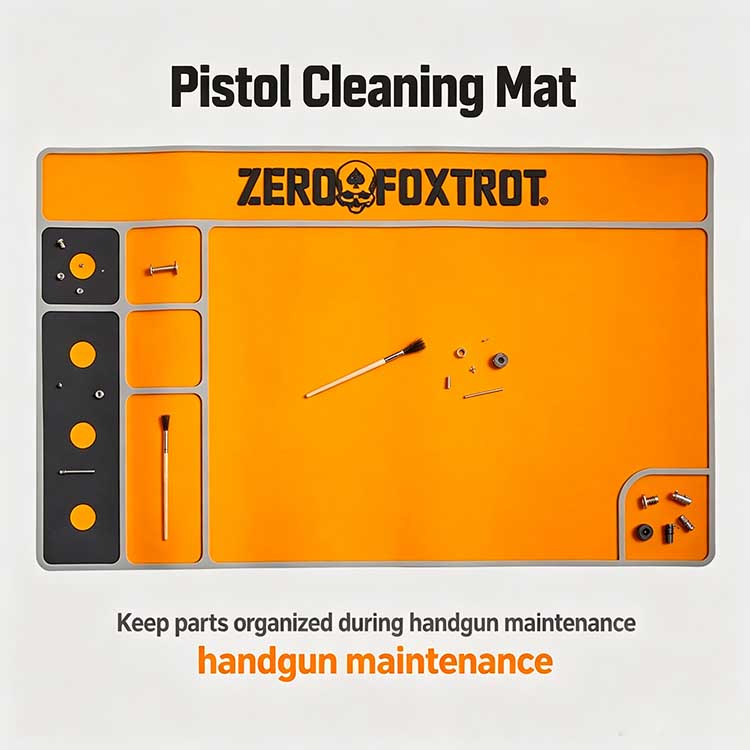 Integrated storage slots on pistol cleaning mat for springs and screws.