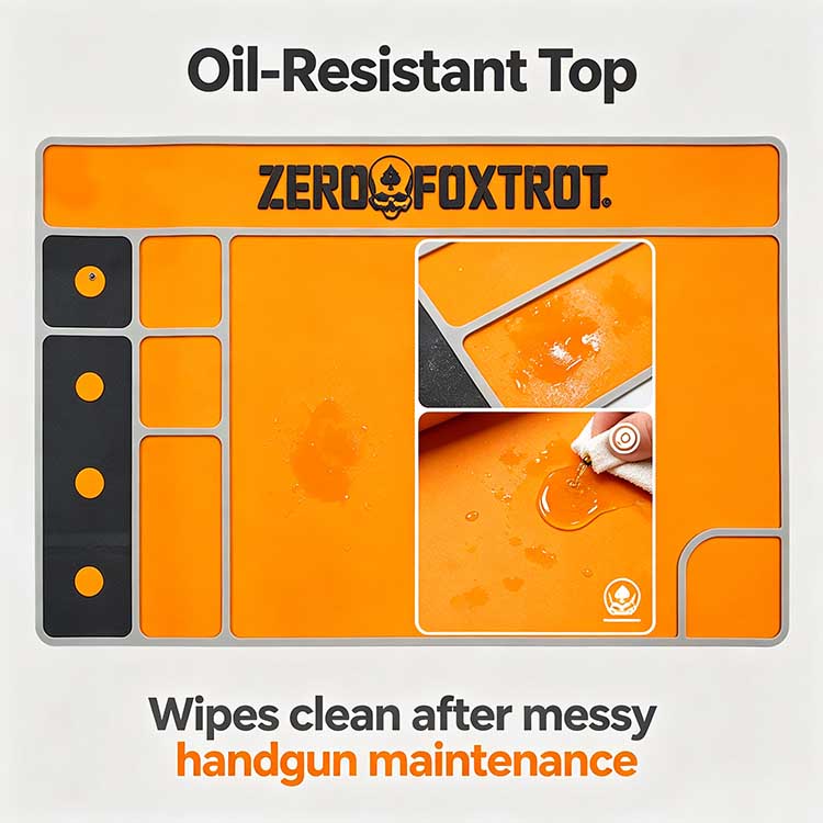 Oil resistant pistol cleaning mat with easy-wipe rubber surface.