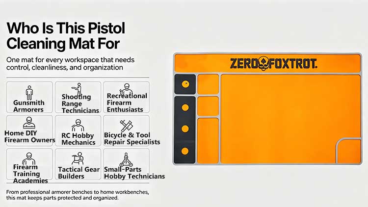 Pistol cleaning mat for gunsmiths, shooters, and firearm enthusiasts.