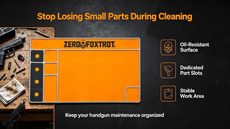 High-visibility orange pistol cleaning mat with non-slip rubber base and storage slots for handgun maintenance.