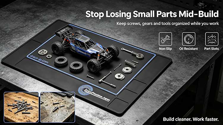Heavy-duty rubber RC workbench mat with integrated part slots and non-slip surface.