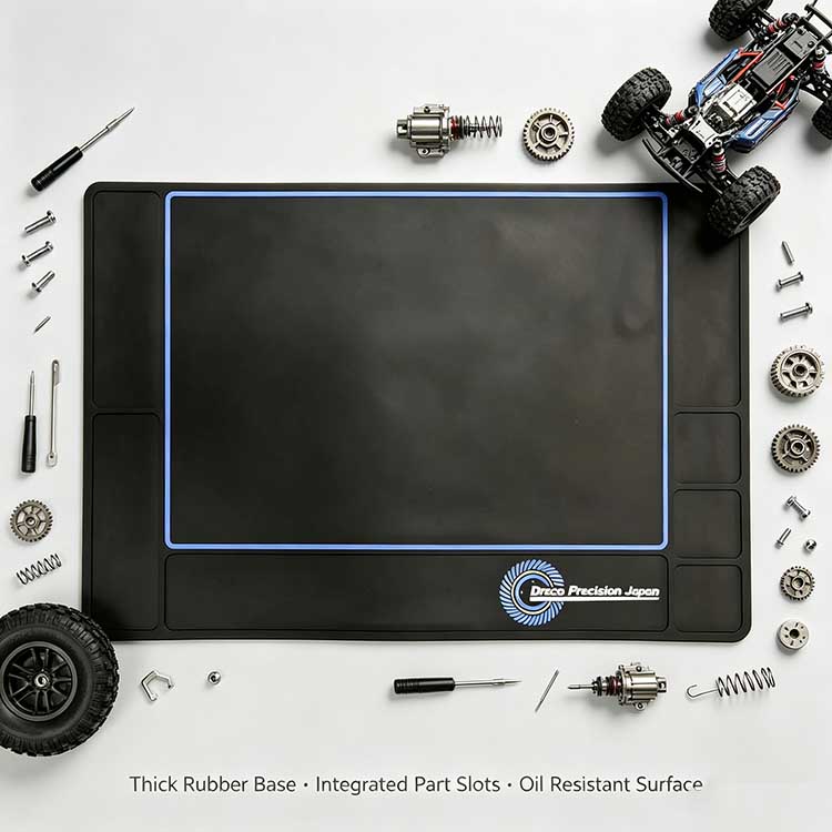 RC workbench mat with integrated part slots for screws and gears.