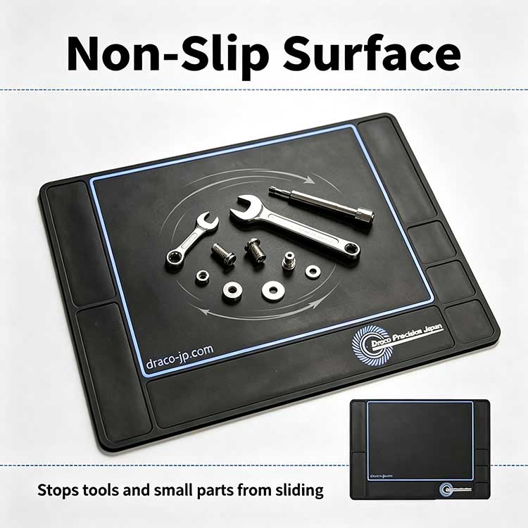 Non-slip rubber surface on RC workbench mat.